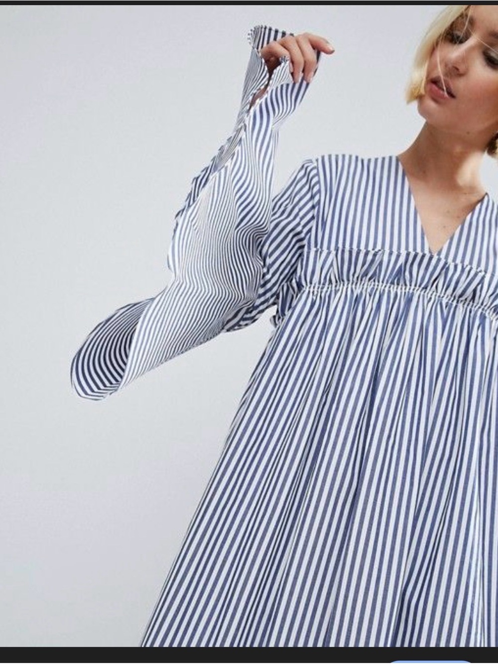 Asos Striped V-Neck Balloon Sleeve Dress in Navy and White